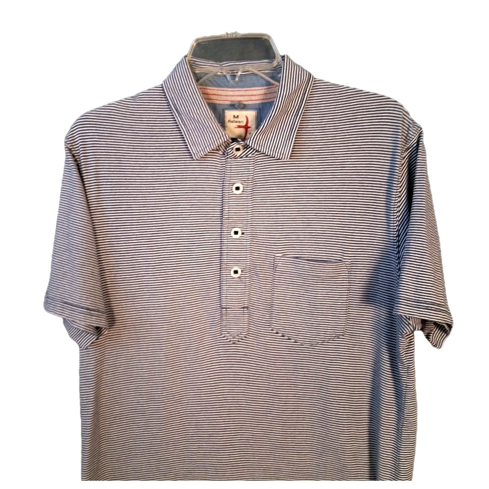 RELWEN Blue / White Striped Men's Size Medium Short Sleeve Polo Shirt READ